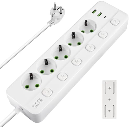 Herboom Steckdosenleiste 5 Fach Mehrfachsteckdose mit 2 USB B und Type C | Einzeln Schaltbar, Mehrfachsteckdose Wandmontage 2500W, 2M, Weiß