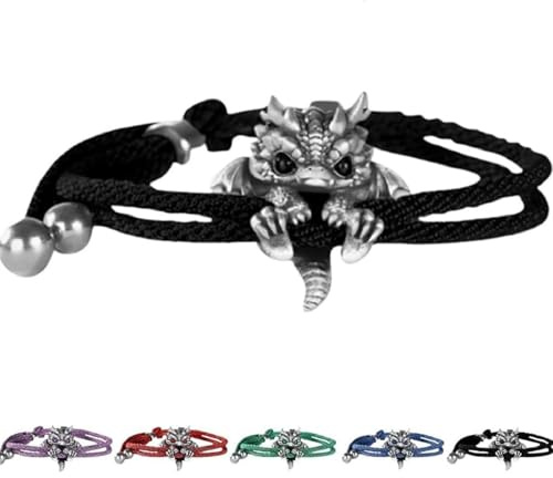 Cute Silver Dragon Bracelet, Adjustable Silver Delicate Dragon Bracelet, Handcrafted Braided Dragon Rope Bracelet, Creative Dragon Bead Lucky Charm Bracelet (Black)