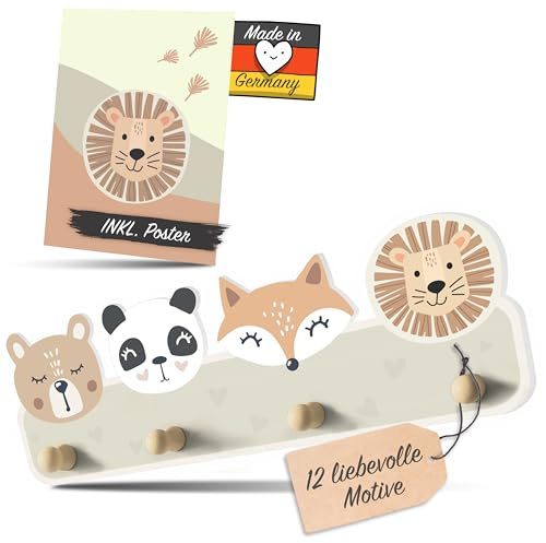 Kindsblick® Tierträume Kindergarderobe in Naturfarben inkl. A4 Poster - Garderobe Kinder Edition mit 4 Haken - Wunderschöne Kinder Garderoben Deko - Kindergarderobe Maße (38 x 15 x 5 cm)