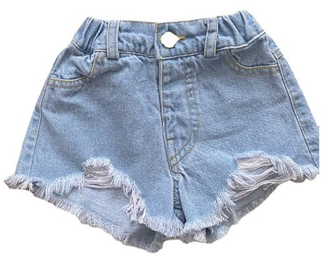 Girls Summer Denim Shorts High Waist Jean Shorts Frayed Raw Hem Ripped Denim Pants for Teens Girl Y2K Streetwear Summer Vacation Beach Hot Pants with Pockets Age 1-10 Years (Blue, 9-10 Years)
