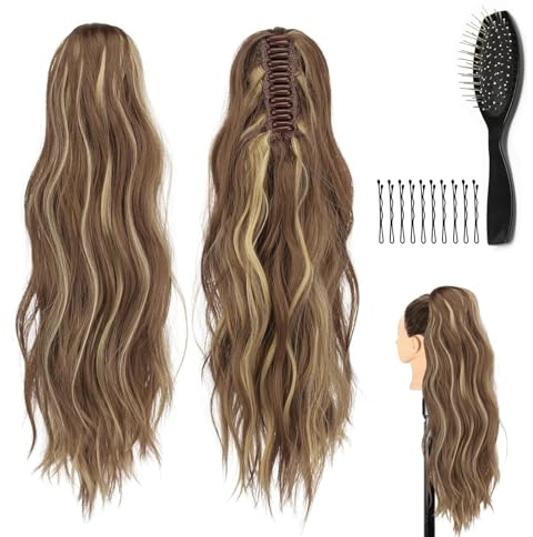 WJMY Vågig ponytail förlängning (blandad färg), lockig 60 cm fläta förlängning hårförlängning, fluffig och lätt, hårdel, syntetiskt hår, för kvinnor kvinnor, med kam och klämmor