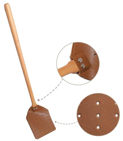 Qfdiwr Fliegenklatsche aus Leder, 49,5 x 10 x 1,95 cm, Fliegenklatsche mit langem Griff aus Holz, manueller Schädlingsbekämpfung, robust und waschbar, für Schlafzimmer, Restaurant und Restaurant