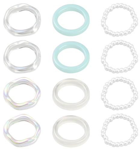 GOMAKERER 12 Stück 6 Stile Acryl Fingerringe, 16.5mm~18.1mm Bunte Stapelbare Ringe Mit Perlen Zierliche Gewölbte Dicke Ringe Für Frauen Ästhetischer Schmuck Boho Geschenk