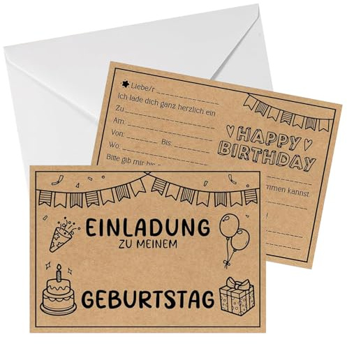 Cosswe 15 Stück Einladungskarten zum Kindergeburtstag Kraftpapier Mädchen Junge, 15 Briefumschlägen Einladung Party Partyeinladungen für Kinder