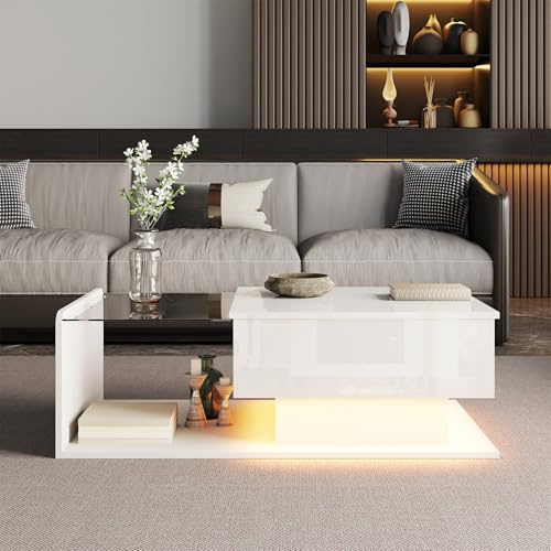 Easexcy Mesa de centro, color blanco brillante, mesas auxiliares con cristal y efecto LED, 105 x 55 x 32,5 cm (White-1)