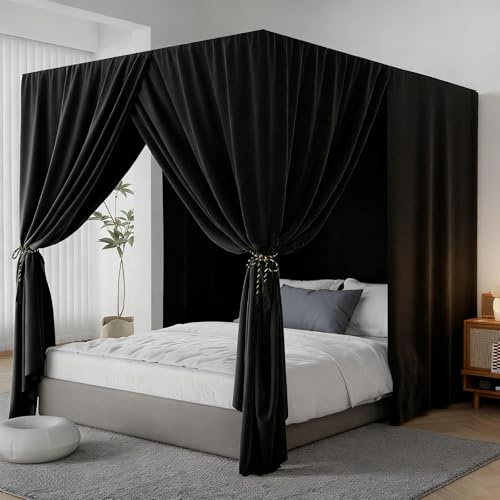 YRDKB Black Canopy Bed Curtains - 4 Corner Post Bed Curtains Twin Lightproof Siamesed Drapes Bed Canopy for Adults & Girls Bedroom Decoration(Black,Twin)