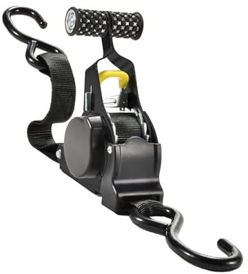 Retracting Ratchet Strap - Auto Cargo Securing Belt, Quick Lock Luggage Tie Down | Adjustable Self-Contained Ratchet Tie, Safe Boat Load Restraint Strap, ATV Motorcycle Transport Gear