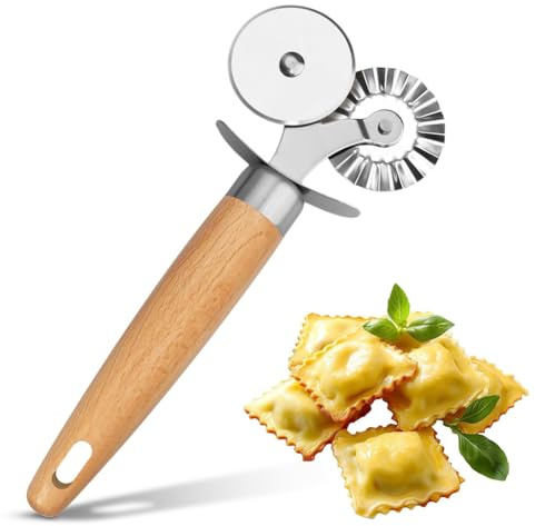 Ujjdwiurgh Ravioli Cutter Tool-for Pasta Cutter Wheel-Fluted Pastry Cutter Double Wheel with Wooden Handle for Pasta Pizza Cookie
