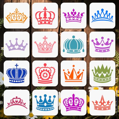 MAYJOYDIY 16 Stück Kronen Thema Malschablone 15×15cm König Königin Schablonen Prinzessin Edelstein Zeichenvorlage Mit Pinsel Zum Basteln Auf Fenstern Holzwänden Und Heimdekoration