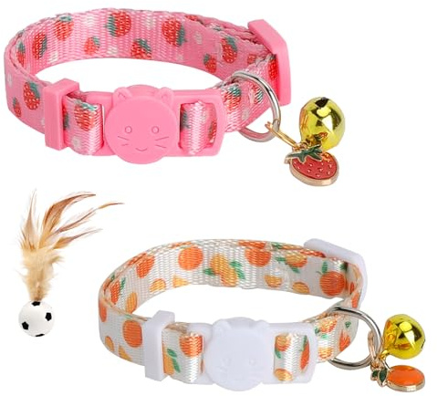 Katzenhalsband Set 2 Stück mit Sicherheitsverschluss Verstellbare Katzenhalsbänder mit Glöckchen & Frucht-Design - Weiches Halsband für Kitten & Kätzchen Katzenhalsband mit Spielzeugball für Zuhause &