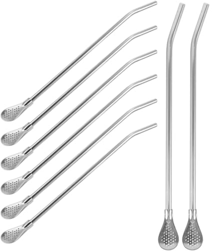Ipetboom Tea Bombilla Drinking Straws, 8 Pack Reusable Stainless Steel Filtered Straws with Filter Spoon for Loose Leaf Mate Tea Coffee Household Kitchen Parties, 9.44In