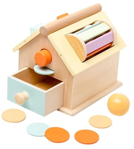 Kisangel Juego de Juguetes de Madera Sensorial para Bebés 1-3 Años, Caja de Lanzar Balones y Monedas Educativa Montessori, Motricidad Fina y Desarrollo Temprano, Juguete Infantil