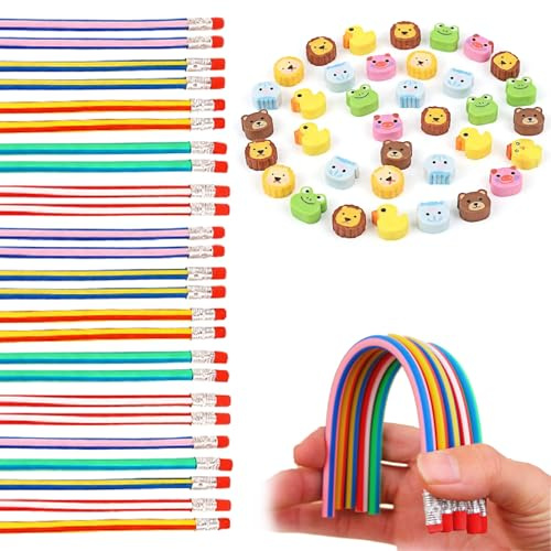 Zcbzbn Biegebleistifte 25 Stück und 25 Kleine Radiergummis, Biegbare Bleistifte mit Radiergummi, Weiche Regenbogen Bendy Bleistifte für Schule, Preise, Party, Versammlungen,Weihnachten Geschenk