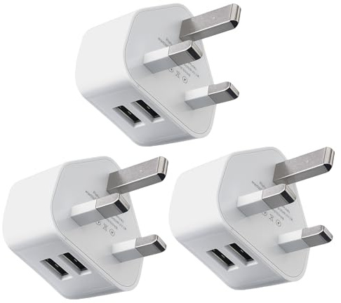 USB Plug Charger UK 3 Pack, Dual Port 5V 2.1A Wall Adapter with Smart IC Technology, Fast Charging for iPhone 14/13/12/11/XS/XR, iPad Pro/Air/Mini, Samsung Galaxy & More