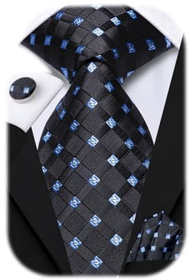 Hi-Tie Mens 63inch Extra Long Tie Black Blue Striped XL Necktie Set for Big Tall Men Handkerchief Cufflinks Wedding