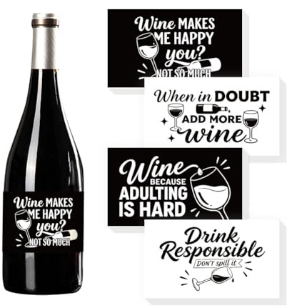 TNKBREEZE 40 Stück Wein Etiketten Bar Deko Wein Macht Mich Glücklich Aufkleber für Champagner Hochzeit Geburtstagsparty Mini Flaschen Etiketten Aufkleber 9x5cm für Öl Spender Glasflaschen