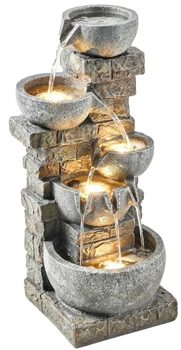 Outsunny Fuente de Agua Decorativa con Iluminación LED y Bomba, Fuente de Jardín Exteror en Cascada de 5 Niveles, Resistente a la Intemperie, para Jardín, Patio, Terraza, 34x36x80 cm, Multicolor