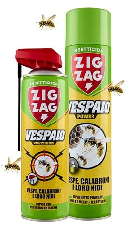 ZIG ZAG Kit Vespe e Calabroni – Kit 2 Insetticidi Vespaio Professionali per Eliminazione Nido Vespe – Spray Getto Lungo Distanza + Spray Precisione – Uso Interno Esterno