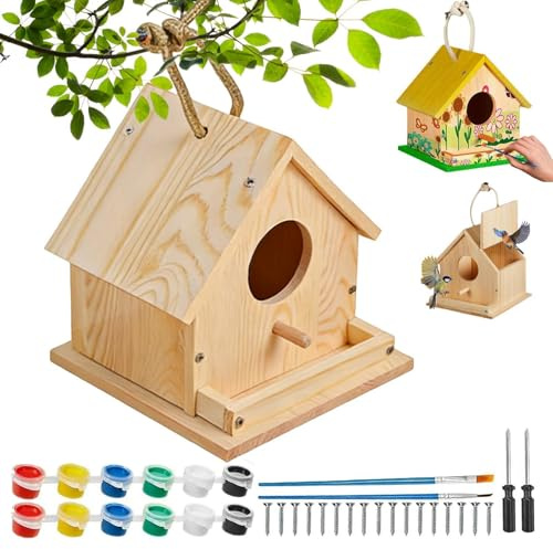 Generisch Vogelhaus Bausatz für Kinder – DIY Vogelhaus zum Bemalen mit Farben, Pinseln & Schraubendreher – Echtes Vogelhau zum Aufhängen & Vögel beobachten – Bastelset Kinder Geschenk