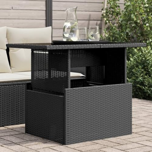 Runheo Gartentisch mit Glasplatte Schwarz 100x55x73 cm Poly Rattan wetterfest Outdoor Terrassentisch Balkontisch Loungetisch verstellbar für Veranda Garten Grillen