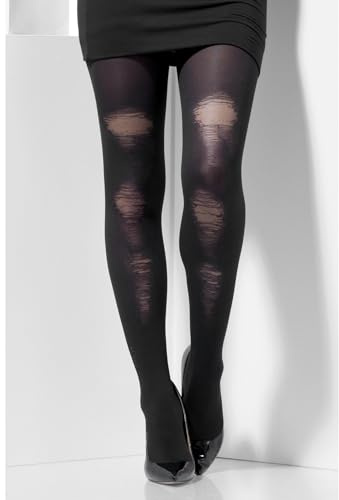 Smiffys Blickdichte Strumpfhose, Schwarz, mit abgenutztem Look Halloween