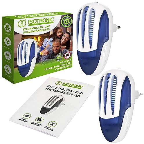 ISOTRONIC Repelente de mosquitos en forma de enchufe con luz ultravioleta | Mata mosquitos eléctrico para interiores | Contra mosquitos, moscas y polillas | Sin fragancias | Apto para 230 V | Set de 2