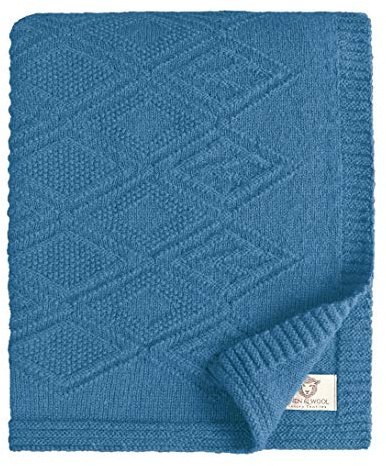 Linen & Cotton Leicht Warme Decke Wolldecke Gestrickt Arianna - 100% Reine Neuseeland Wolle, Blau (120 x 180cm) Wohndecke Kuscheldecke Strick Sofadecke Strickdecke Plaid Schurwolle Couch Sofa