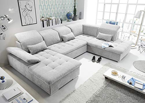 Stella Trading WAYNE Wohnlandschaft in U-Form, Stoffbezug Silber - Ausziehbares Sofa mit Schlaffunktion & Bettkasten - 340 x 81 (104) x 188 (240) cm (B/H/T)