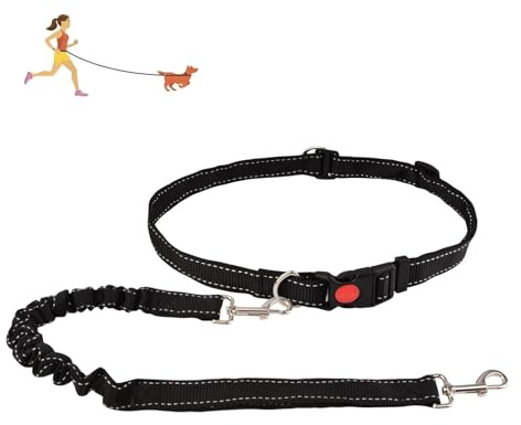 HACRAHO Handfritt hundkoppel, 1 st justerbart hundkoppel, midjebälte, reflekterande bungee, löparkoppel med justerbart midjebälte för hundträning, promenader, vandring, svart