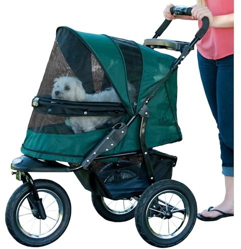 Pet Gear No-Zip Jogger Pet Stroller for Cats/Dogs, Zipperless Entry, Airless Tires, Easy One-Hand Fold, Cup Holder + Storage Basket, New Forest Green