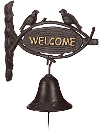 Relaxdays Türglocke Gusseisen Welcome, Antik-Stil, goldene Buchstaben, Schild mit Vögeln, Haustür & Garten, Dunkelbraun | goldene Buchstaben, Schild mit Vögeln, Haustür & Garten