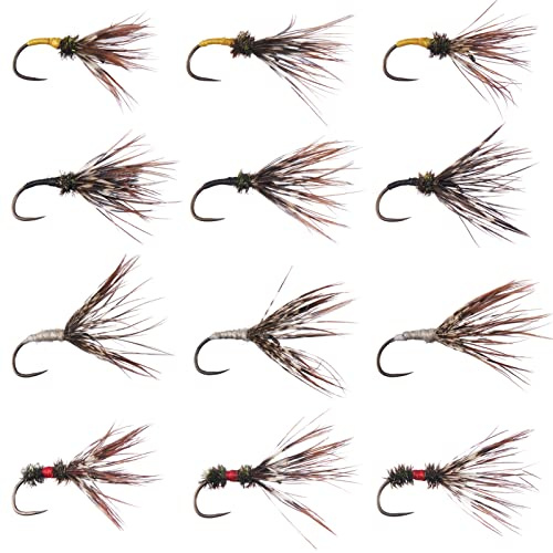 BASSDASH Trout Fly Fishing Flies Tenkara Wet Dry Flies Nymphs Sakasa Kebari 12pcs Assortment Barbless Barbed Hooks