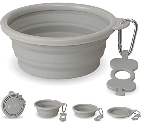 Bonza Large Collapsible Dog Bowl 1000 ML, Sturdy Reinforced Rim, Includes Carabiner & Water Bottle Holder Keychain, Light Gray