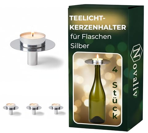 Novaliv 4X Teelichthalter Flasche Silber Metall Teelichthalter Flaschenaufsatz Kerzenhalter Flasche Kerzenhalter Flaschenaufsatz für Kerzen Flaschenkerzenhalter Kerzenständer Silber