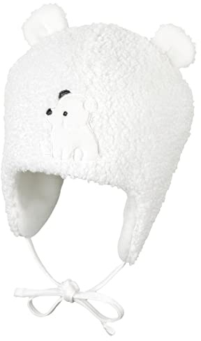 Sterntaler Inkamütze Eisbär – Flauschige Mädchen Wintermütze mit Öhrchen & Bindebändern – Teddyplüsch mit Eisbär-Stickerei & Baumwollfleece-Futter - warme Wintermütze – Ecru, Größe 53