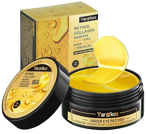 24K Gold Undereye Mask (60 Pcs), Collagen Hydrating Gel Pads, Reduce Puffiness, 30 Pairs Under Eye Patches for Dark Circles Puffy Eyes Treatment, Wrinkle, Women Men Beauty Personal Skin Care Products