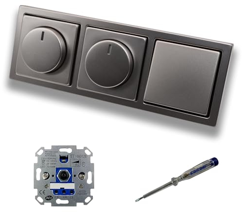 REV Ritter (2 x) LED Drehdimmer Dimmer + Busch Jäger Dimmerscheiben 6540-866-102 und Lichtschalter 2000/6 US in PUR Edelstahl inklusive EBROM Phasenprüfer zur Montage d. Geräte ET1 66012B