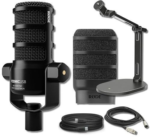 Rode PodMic USB and XLR Dynamic Broadcast Microphone with Rode Desk Stand 2 (DS2), XLR Cable, and StreamEye Polishing Cloth