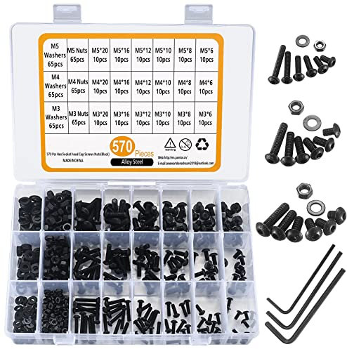 570 Pièces M3 M4 M5 Jeu de Vis et écrous, Vis à Tête Cylindrique à Six Pans Creux et Boulons, Acier Carbone et écrous et Rondelles