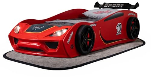 Coemo Autobett Vento Kinderbett 90x200 cm im Rennwagen-Design, Rot | Autobett mit Lattenrost, aufwändig gearbeitete Front mit glänzender Oberfläche, detailgetreue Motive, sportlicher Heckspoiler