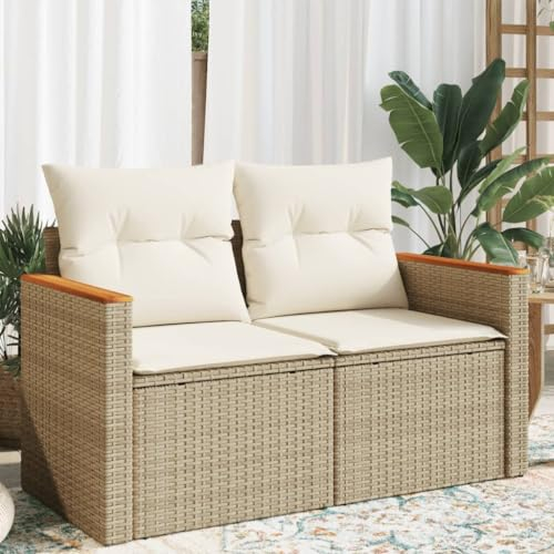 HEFZGDB Gartensofa mit Kissen 2-Sitzer Beige Poly Rattan Gartenbank Gartenlounge Outdoor Sofa Geeignet für Garten, Terrasse, Pool.