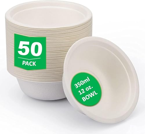 EcoWise Strong Disposable Bagasse Bowls - Pack of 50, 12 Oz, Sugarcane Fibre, Eco-Friendly, Biodegradable, Hot & Cold Foods, Large Bowls for Soup, Salad, Dessert, Birthday Party
