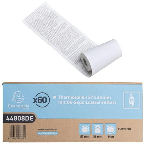 Exacompta 44808DE 60er Pack Thermopapierrollen plastikfrei 1-lagig Breite: 57mm, Länge: 14m, Durchmesser Kern: 12mm 48g/m² rückseitig bedruckt für SEPA Kartenzahlung