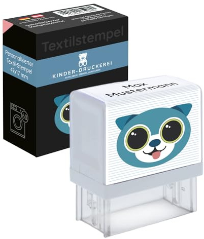 Textilstempel Kinder waschmaschinenfest, mit Namen, Motiv Hund | Stempel für Kleidung statt mühsamer Etiketten – Wunschname plus Hundemotiv für Kita, Kindergarten und Schule