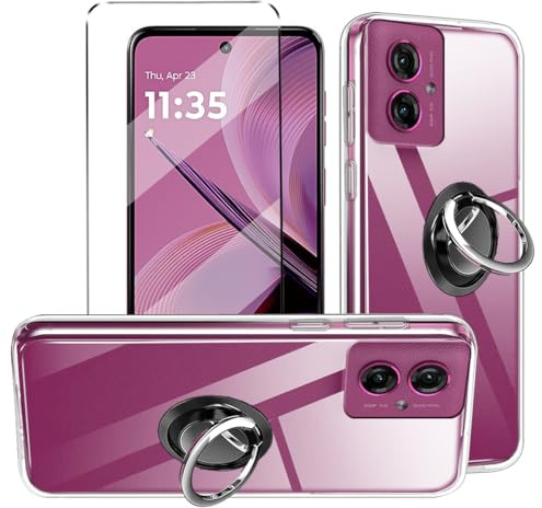3-in-1 Case + Phone holder Ring Compatible with Motorola Moto G55 Cover with 1 Pack Tempered Glass Screen Protector for Motorola G55, Slim Fit Soft TPU Shockproof Anti-Scratch Phone Case- Clear