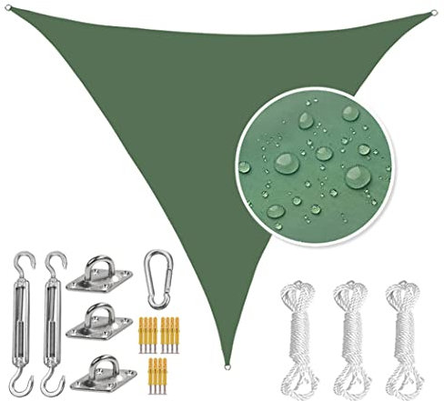 Waterproof 3.6M Triangle Sun Shade Sail Canopy Outdoor Patio Shade with Heavy Duty Stainless Steel Hardware Kit Ideal for Backyard Lawn Garden Pool and Carport Dark Green