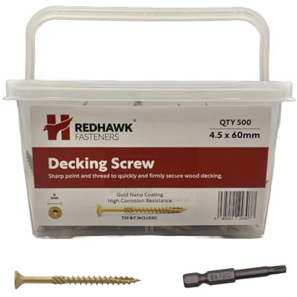 Box of 500 Redhawk Fasteners® Decking Screw | 4.5 x 60mm | Corrosion Resistant Gold Nano Coating | T-20 Torx Drive | Driver Bit Included | Durable Plastic Tub