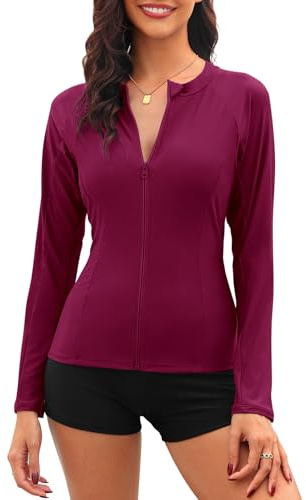 Tuopuda UV Shirt Damen Schwimmshirt Langarm Rash Guard mit Zip UPF 50+ UV Schutz Rashguards Badeshirt Langarmshirts Sportshirt für Wasser Strand Surfen Schwimmen S-XXL, Weinrot, S