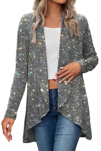 Women's Sequin Jacket Sparkly Cardigans Glitter Open Front Jackets Long Sleeve Ladies Sparkly Tops High-Low Hem Cardigan Lightweight Clubbing Wedding Shiny Party Tops Festival Concert Outfit