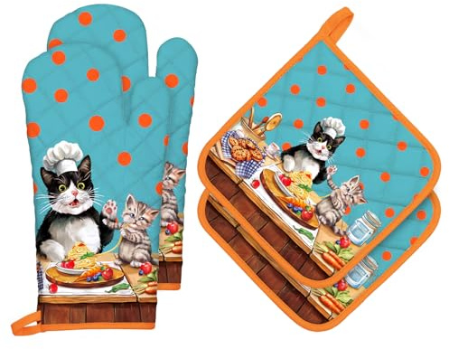 Arquiel Katze Ofenhandschuh und Topflappen 4er-Set Baumwolle | Baumwoll-Küchenset mit Katze-Motiv, hitzebeständig und praktisch zum Kochen, Backen und Grillen.